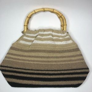 Striped woven bag with bamboo handles